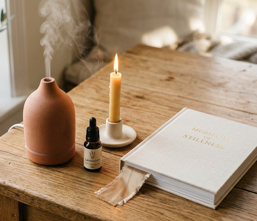 Дифузер с етерични масла до книга и свещ на дървена масичка