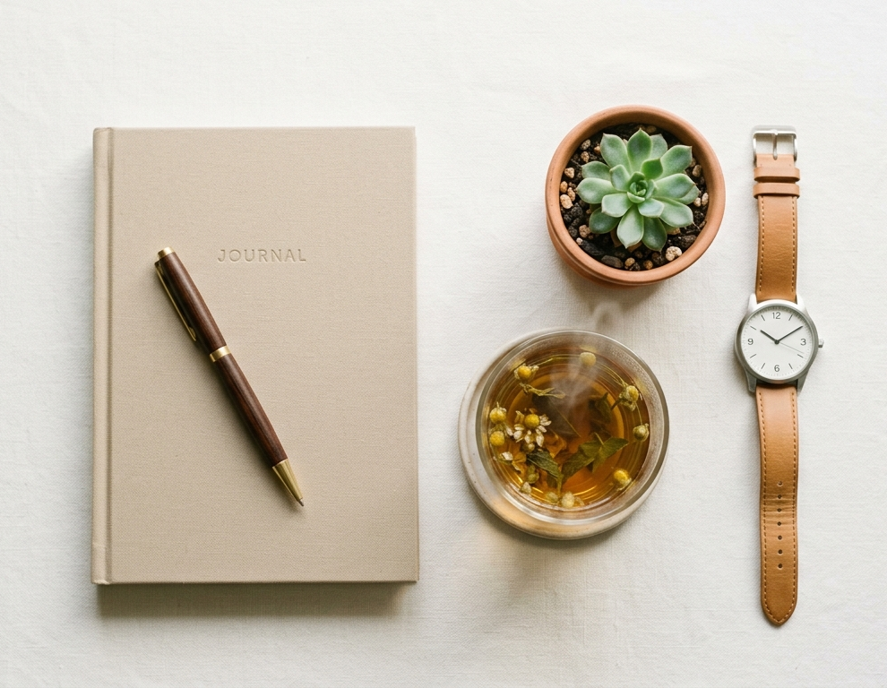 Тетрадка с бележки за здраве, термометър и чаша чай на бяла маса